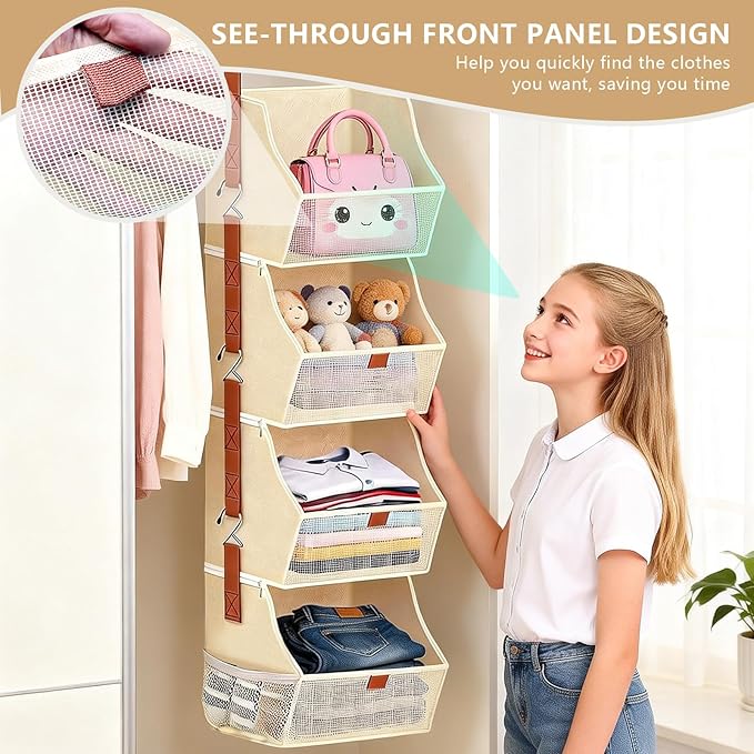 Fabric 4 Tier Hanging Closet Organizer Heavy Duty Beige Shelf Hanging Storage Towel Clothes Sweater Jeans Bag Organizer For Closet For Bedroom, Dorm, RV, See Through Front Panel, Space-Saving