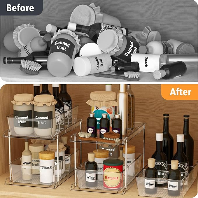 Pull-Out Home Organizers, 2 Tier Clear Bathroom Organizer with Dividers, Multipurpose Vanity Counter Tray, Kitchen, Closet Organizers and Storage Container Bins for Cabinet, Pantry
