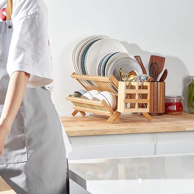 Bamboo Dish Drying Rack-2 Tier, Collapsible Small Dish Rack with Utensil Holder, Wooden Drying Rack for Kitchen Counter, Apartment Essentials Kitchen Plate Holder Organization 34 pcs Grid