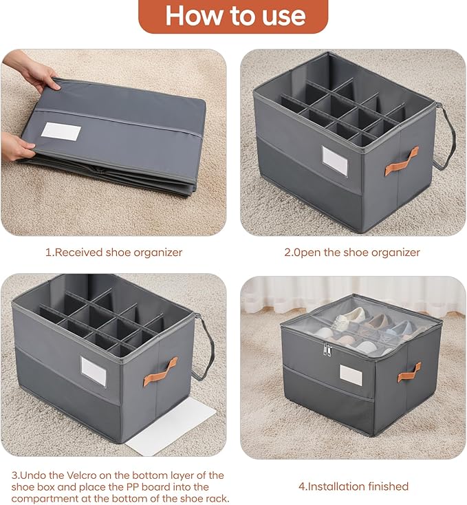 Shoe Organizer for Closet, Foldable Shoe Box Storage Containers with Clear Cover, Smooth Zipper, Reinforced Handles and Bottom Support, Space Saving Shoes Holder, Gray (1, Small)