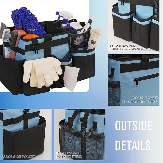 Wearable Cleaning Caddy, Cleaning Caddy Supplies Organizer with Handle & Shoulder Straps for Housekeepers, Under Sink & Car Cleaning Tool Organizers Bag with 4 Foldable Divider (Blue)