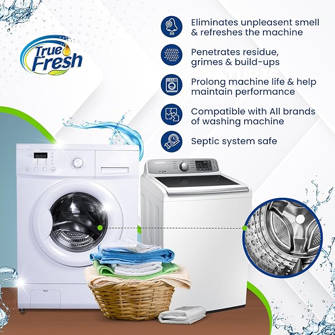 True Fresh Washing Machine Cleaner Tablets 25 Pack for Front Load, Top Loader & HE Washers, Eliminates Odor, Limescale & Grime, Deep Cleans Inside Drum Pump, Valve & Hoses – Septic Safe, 1-Year Supply