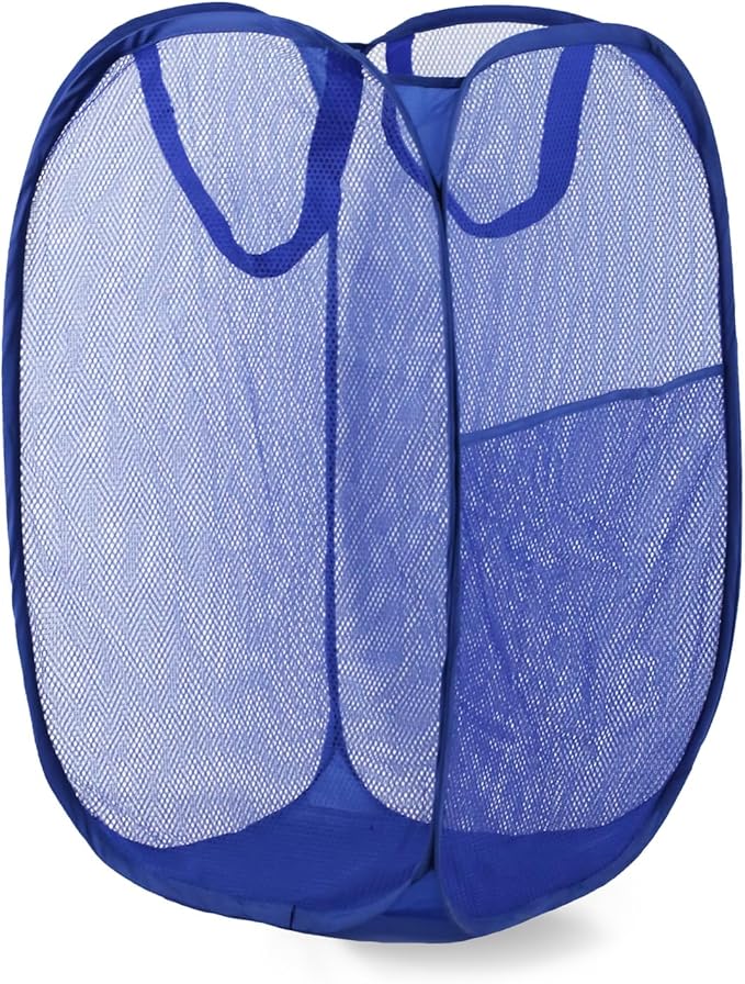 LXLOVESM Pop Up Laundry Hamper, Mesh Laundry Basket Collapsible, Foldable Hamper for Travel and Storage (Blue)