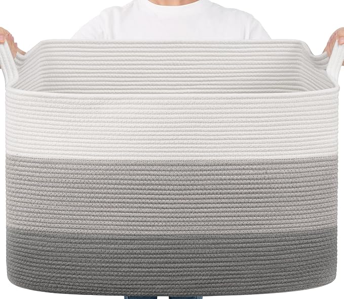 Goodpick 105L Extra Large Blanket Basket 25" x 16" x 16" Cotton Rope Storage Bins for Dirty Clothes Pillows, Decorative Woven Basket with Handles, Toy Baskets Storage Kids, Gray