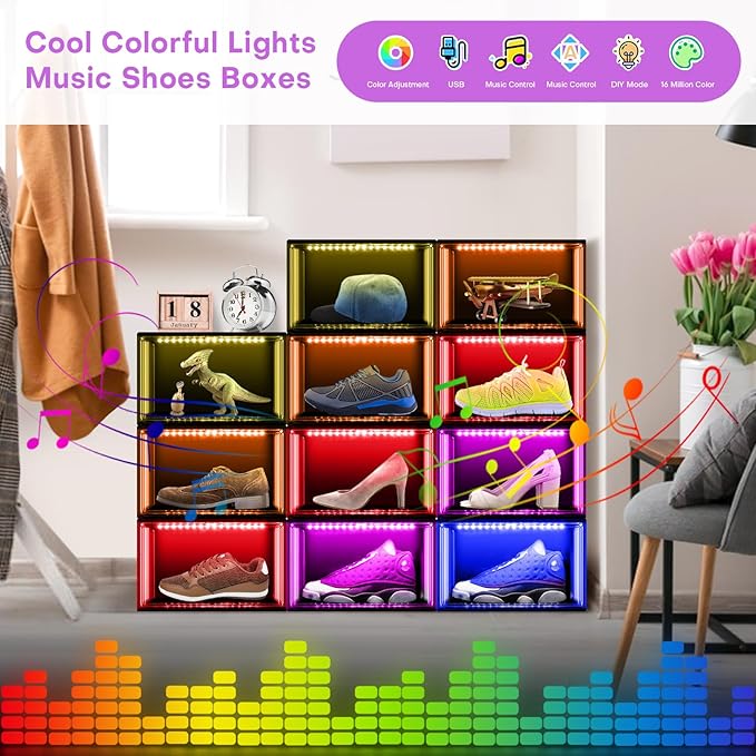 Shoe Storage Organizer for Closet, Foldable Shoe Boxes Rack 2 pack, Clear Plastic Stackable Containers Bins Holder, Magnetic Sneaker Shelf for Sneakerheads with LED Lights (Black)