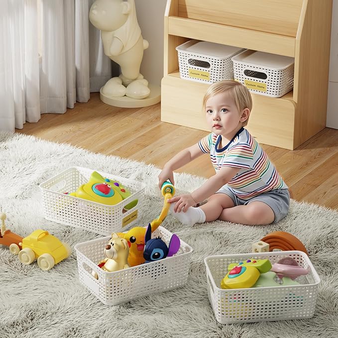 8 PCS Plastic Storage Baskets with Lids, Stackable Storage Bins with Lids & Labels for Organizing, Small Storage Bins for shelves, Office, Drawer, Cabinet & Pantry,Nursery Organization,10.2*7.2*4.1In