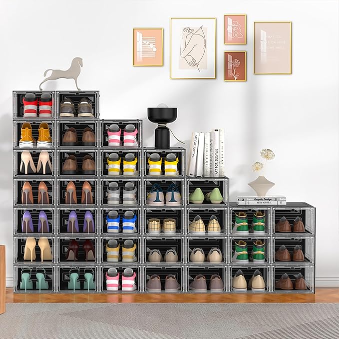 MCIJRJOI 10 Pack Hard Sturdy Thickened Rigid XX Large Shoe Storage Organizer for Closet, Clear Stackable Sneaker Shoe Boxes Rack Containers Display Case Bins with Lids, Black Clear02