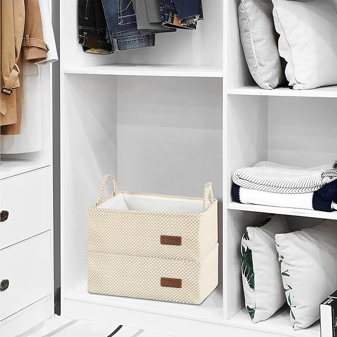 Small Storage Basket for Organizing，Collapsible Fabric Basket Bins for Shelves, Closets, Laundry, Nursery,Toys,Books,Decorative Basket for Gifts Empty with Handles,15"*10"* 5.3"（Beige）