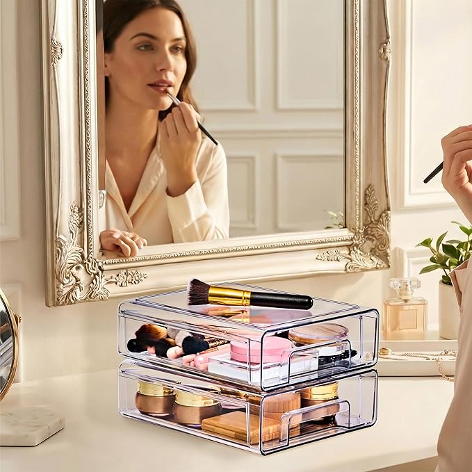 Sorbus Medium Clear Stackable Storage Drawers – 2-Pack Plastic Organizer Bins with Handles – Pull-Out Stackable Drawers for Bathroom Closet, Medicine, Cabinet, Pantry Storage, Baby Bottle Organizer