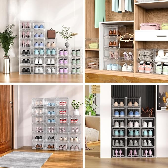 JWQ 10 Pack Extra XX Large Hard Plastic Clear Stackable Shoe Storage Box Organizer for Closet, Thicken Sturdy Sneaker Shoe Rack Display Case Containers Bins with Lids and Magnetic Door, Clear