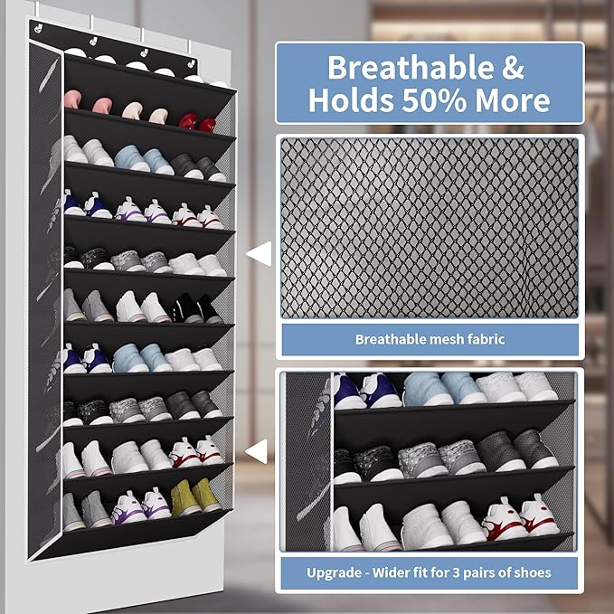 10-Tier Large Size Over The Door Shoe Organizer, Holds 30 Pairs Hanging Shoe Rack with Deep Pockets for Closet, Space-Saving Storage for Sneakers, Boots (Black)