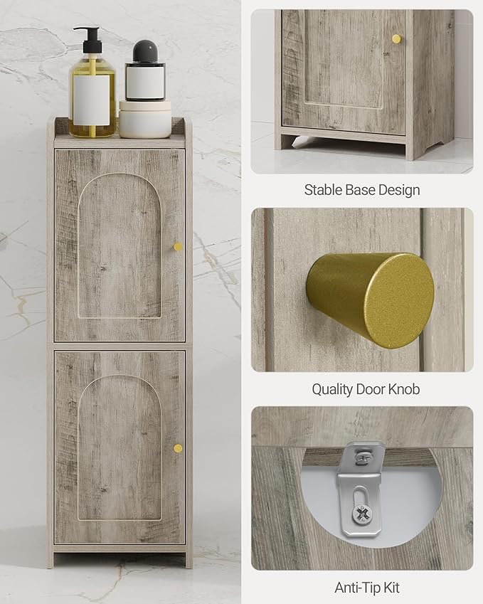 Bathroom Storage Cabinet, Small Corner Floor Cabinet with 2 Doors and Adjustable Shelf, Narrow Toilet Paper Cabinets, Bathroom Organizer for Small Spaces, 7.9" D x 9.8" W x 29.5" H Greige