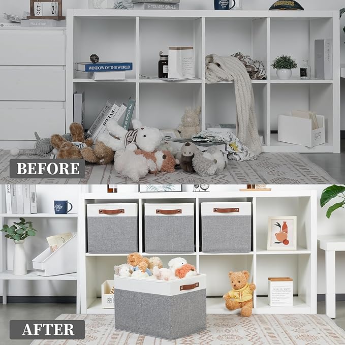 Bidtakay Large Storage Bins 4-Pack Collapsible Fabric Storage Baskets for Organizing 16x12x12 Inches White/Light Grey