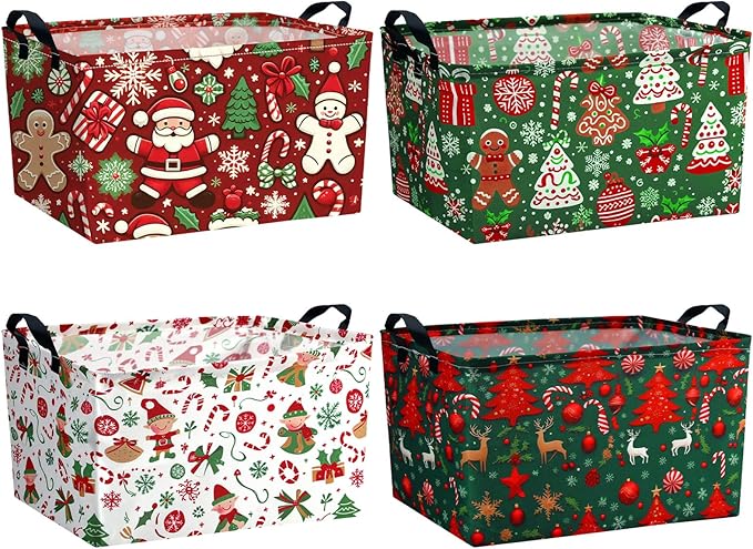 4 Pack Christmas Storage Bin Collapsible Large Christmas Storage Baskets for Gifts Xmas Tree Canvas Laundry Basket Foldable Box with Handle for Office Home Bedroom Clothes Toys Holiday Decor