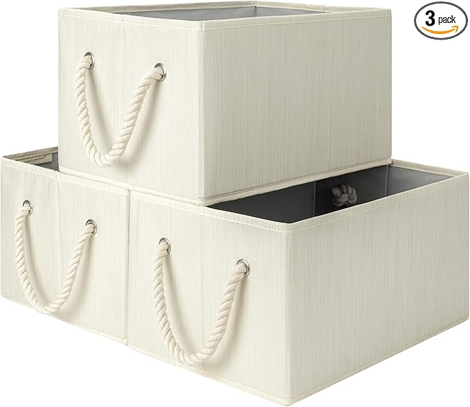 StorageWorks Storage Baskets for Shelves, Fabric Storage Bins, Closet Organization and Storage Basket, Foldable Organizer Bins for Clothes, Beige, White & Ivory, Large, 3-Pack