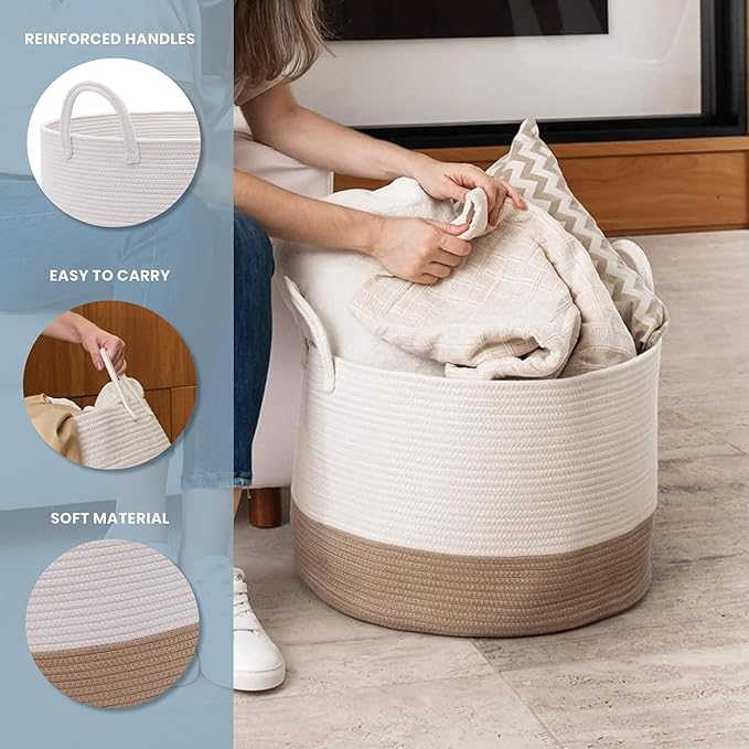 OrganiHaus Large Woven Storage Basket for Blankets and Toys 20" x 13" Inch, Rope Laundry Basket with Handles, Cushions & Pillows Storage Bin, Nursery Hamper, Soft Round Dog Toy Bin - Honey/Off-White