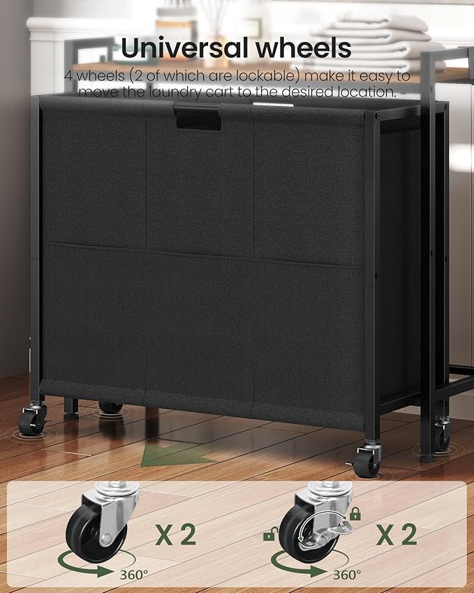 Laundry Sorter, Laundry Hamper with Storage Shelf, Mobile 2-in-1 Basket Organizer, 120 L Rolling Hamper, Large Bags and Movable Wheels, Metal Frame, Rustic Brown and Black TXY01BF