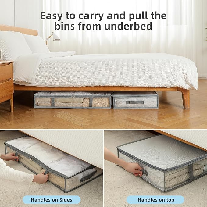 4 Pack Under Bed Storage Containers, Heavy-Duty Material Plastic Underbed Storage Bins, Blanket/Clothes Storage Bags with Lid, Bedding Comforter/Sheet/Closet Organizer and Storage