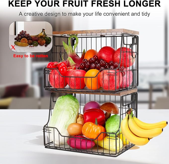 Livabber Fruit Basket for Kitchen, Metal Fruit Vegetable Storage Bin with 2 Banana Hangers, Countertop Wire Basket Organizer for Snack Potato Onion, Screw Mounted or Stand (Black, 2 Pack)