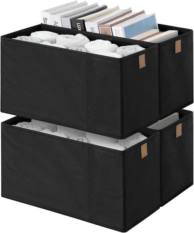 StorageWorks Narrow Storage Basket, Narrow Baskets for Shelves, Fabric Storage Bins with PU Handle, Perfect for Clothes, Underwear, Books, Socks, Black, 4-Pack