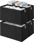StorageWorks Narrow Storage Basket, Narrow Baskets for Shelves, Fabric Storage Bins with PU Handle, Perfect for Clothes, Underwear, Books, Socks, Black, 4-Pack