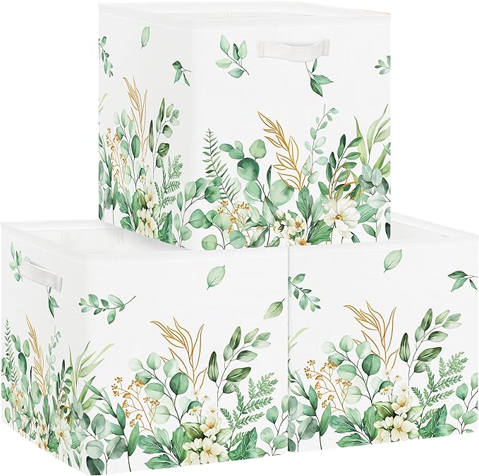 Clastyle 3 pcs Leaf Women Cube Storage Unit Boxes Foldable Kallax Box for Shelves Ladies Girls Storage Baskets for Book Clothes Toy Organizer, Green, 11.8x11.8x11.8 in