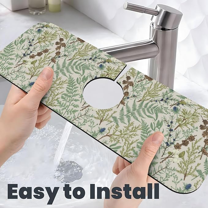3Pcs Green Plant Dish Drying Mat & Kitchen Sink Splash Guard Faucet Mat For Kitchen Counter Absorbent Microfiber Dishes Pad Dish Drainer Rack Mats Fast Dry Kitchen Accessories