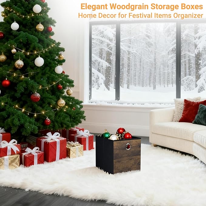 4 Pack Durable Storage Cube Bin with Decorative Wood Grain,Stylish Thickened Fabric Cube Box,Space-saving Storage Basket for Shelves,Closet,Office,Bedroom,Living Room,Nursery,Dorm,RV,13x13x13in(Large)