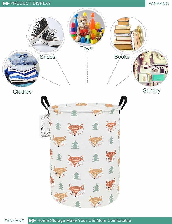 FANKANG Storage Basket, Nursery Hamper Canvas Laundry Basket Foldable with Waterproof PE Coating Large Storage Baskets for Kids Boys and Girls, Office, Bedroom, Clothes,Toys（Fox ）
