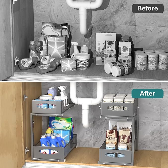 Housolution 2 Pack Under Sink Organizer, 2 Tier Metal Pull Out Under Sink Storage with Sliding Mesh Drawers, Height Adjustable Slide Out Under Sink Organizer for Kitchen Bathroom Cabinet, Gray