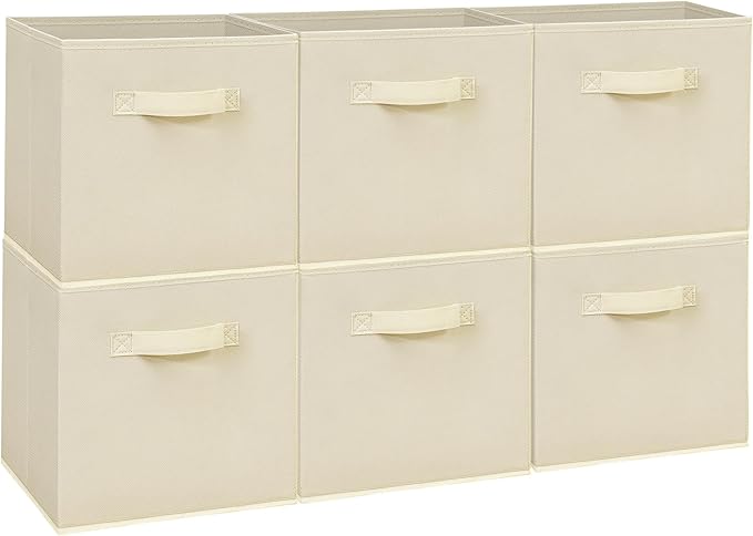 Easi Storage Cubes, 11 Inch Storage Bins, Set of 6, Foldable Fabric Cube Storage Organizer With Handles, Closet Cube Storage Bins, Collapsible Cubby Storage Organizer for Shelves,Offices, Beige
