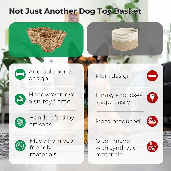 Dog Toy Basket, Hyacinth Cat & Dog Bone Shaped Basket, Wicker Pet Toy Bin Organizer, Dog Toy Storage (17x13 Hyacinth)