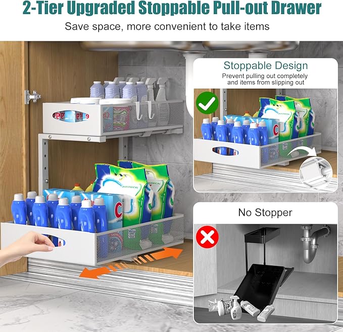 Housolution 1 Pack Large Under Sink Organizer, 2 Tier Metal Pull Out Under Sink Storage with Sliding Mesh Drawers, Height Adjustable Slide Out Under Cabinet Organizer for Kitchen Bathroom, White