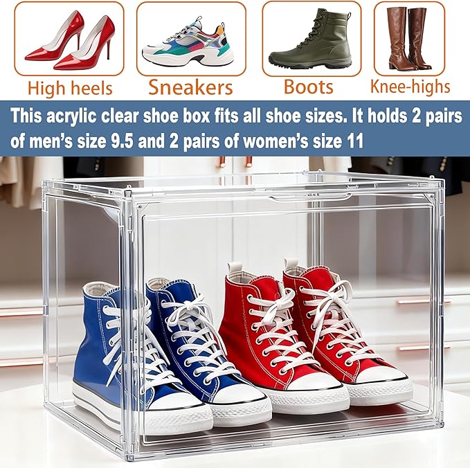 5 Pack XXX-Large Super Large Acrylic Display Case Figures Collectibles Helmet Showcase Boot & Shoe Boxes Clear Stackable Plastic Storage Bins Organizer with Magnetic Lid, 5 Pack with 2 Shoe Bags