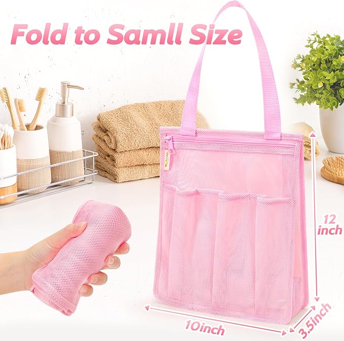 famichan Mesh Shower Caddy Portable, Gym Travel Camp Dorm Room Essentials for Women and College Girl, Pink Bathroom Shower Bag