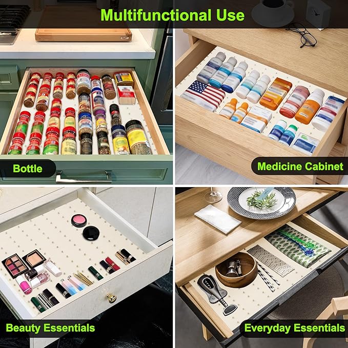 Gosmol Spice Drawer Organizer insert, Adjustable & Non-Slip Silicone Spice Drawer Liner for Seasoning Jars and Spice Bottles, Spice Rack, Set of 2-Pearl