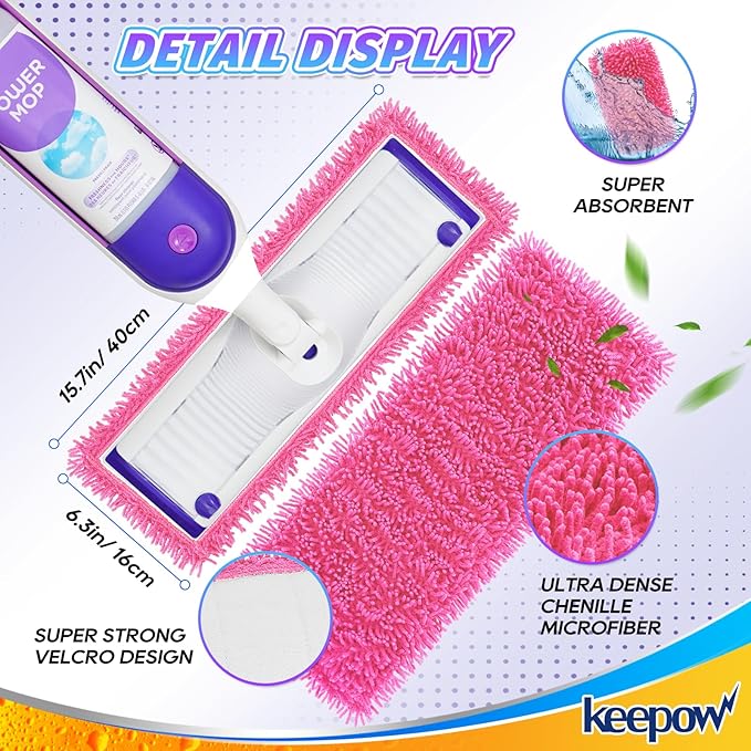 KEEPOW Reusable Microfiber Mop Pads for Swiffer PowerMop, 4 Count, Pink, Machine Washable, Compatible with 13-15 Inch Spray Mop, Multi-Surface Floor Cleaning