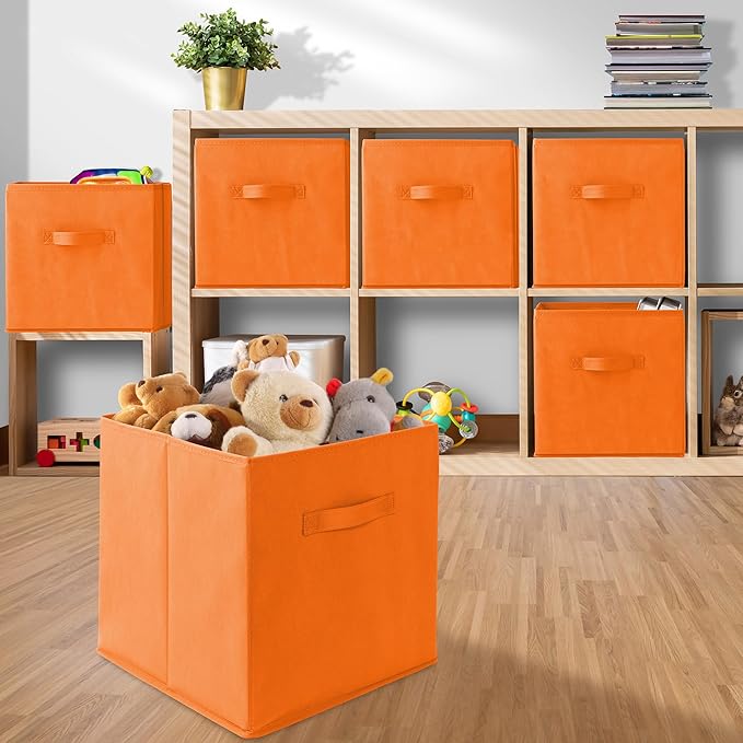 Casafield Set of 6 Collapsible Fabric Cube Storage Bins, Orange - 13" Foldable Cloth Baskets for Shelves, Cubby Organizers & More