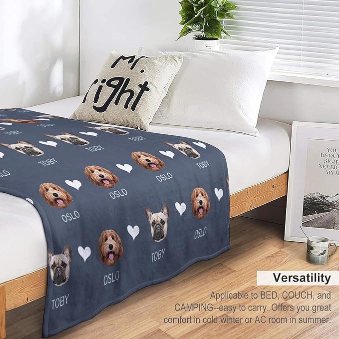 Custom Blanket with Pets Pictures & Name Personalized Funny Cat Dog Face Throw Blankets Soft Warm Plush Fleece Customized Blanket for Couch Bed Sofa Gifts for Dog Dad Mom Pet Lovers