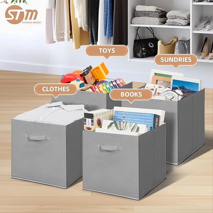 STORAGE MANIAC Storage Cubes, 13 Inch Collapsible Storage Bins with Handles, 10 Pack Fabric Foldable Bins for Organization, Durable Storage Bins for Closet, Shelves, Offices, Toys, 10-Pack Grey