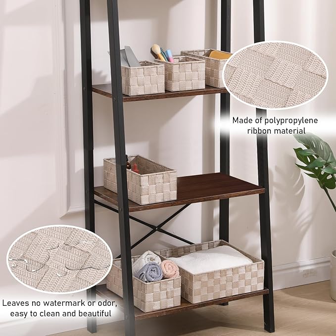 Storage Bins Woven Organizer Set of 6 – Polypropylene Storage Baskets with Metal Frame, Stackable Fabric Boxes for Drawers, Closet, Shelf, Nursery and Office, Beige