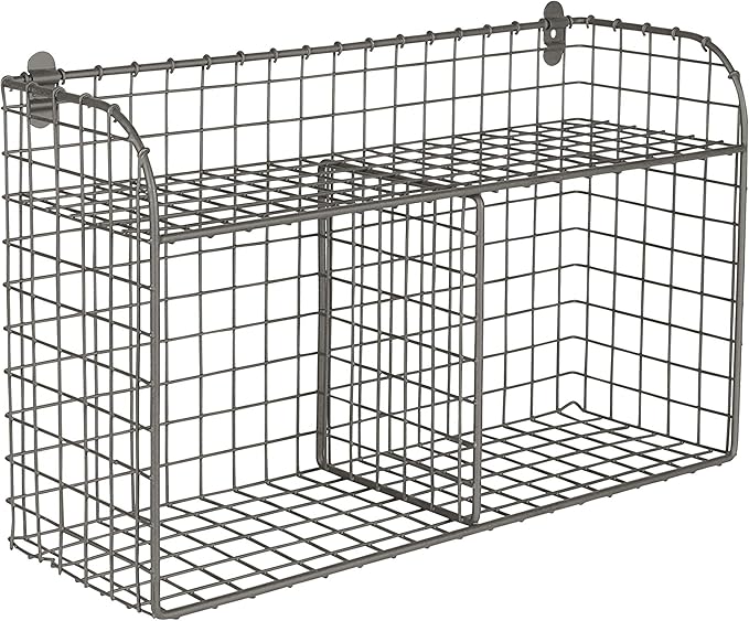 Spectrum 2 Bin Wall Mounted Wire Basket with Shelf Industrial Gray Organizer, Wall Mount Wire Basket Shelves for Kitchen Storage, Vintage Double Bin with Shelf Wall Mount Wire Storage for Organization