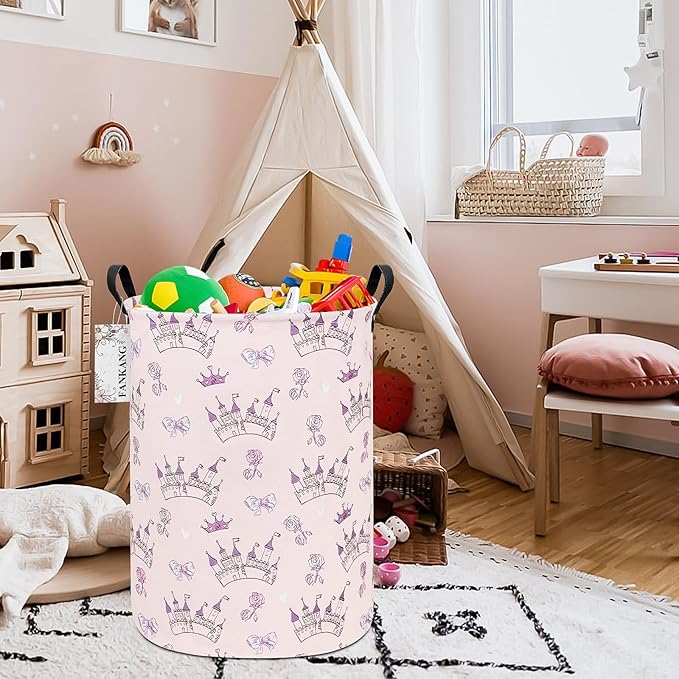 FANKANG Storage Basket, Nursery Hamper Canvas Laundry Basket Foldable with Waterproof PE Coating Large Storage Baskets for Kids Boys and Girls, Office, Bedroom, Clothes,Toys(Princess Castle)