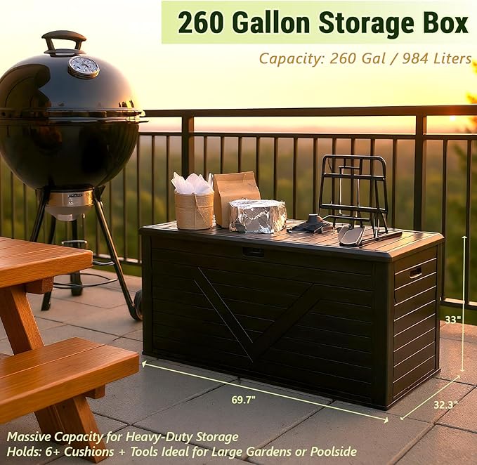 Outdoor Storage Box,260 Gallon Deck Box Outdoor Storage Bench Outside Waterproof Resin Storage Bench, Lockable Patio Cushions, Garden Tools Storage For Furniture, UV Resistant