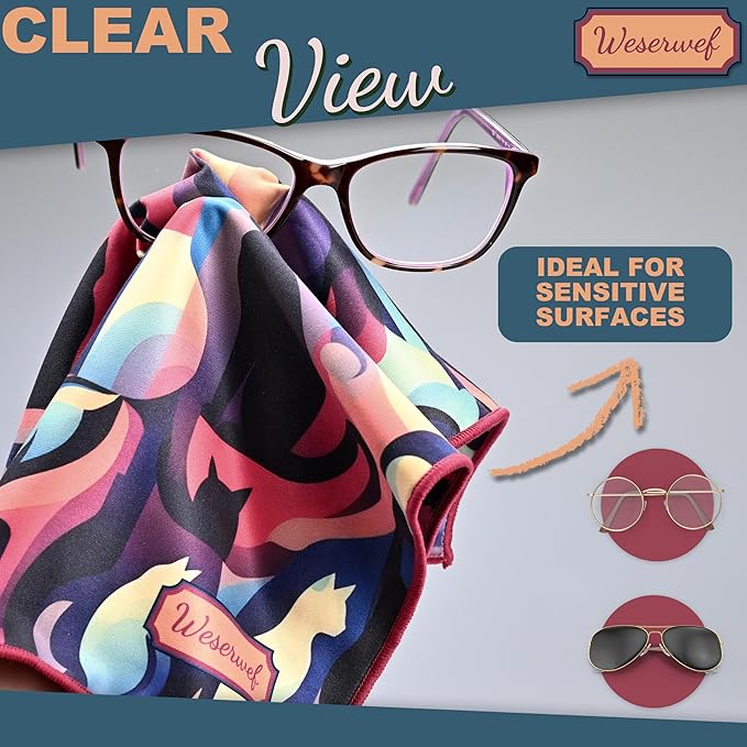 WESERWEF Design Microfiber Glasses Cleaning Cloth – Premium Cleaning Cloth for Eyeglasses, Screens, Tablets, Cameras & Lenses, 12" x 12", Ultra-Soft & Scratch-Free (Cats)