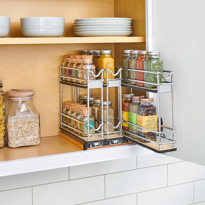 Rev-A-Shelf 9" Pullout Organizer for Cabinets, 2 Tier Triple Narrow Upright Shelf, 5WU2-9N3-1