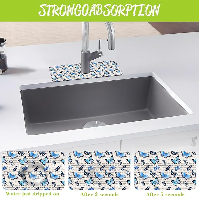 Sink Splash Guard Faucet Mat Watercolor Butterflies Absorbent Fast Drying Mat Sink Gadgets Splash Guard Behind Faucet Drip Catcher for Kitchen Bathroom 15.5"X5.5"