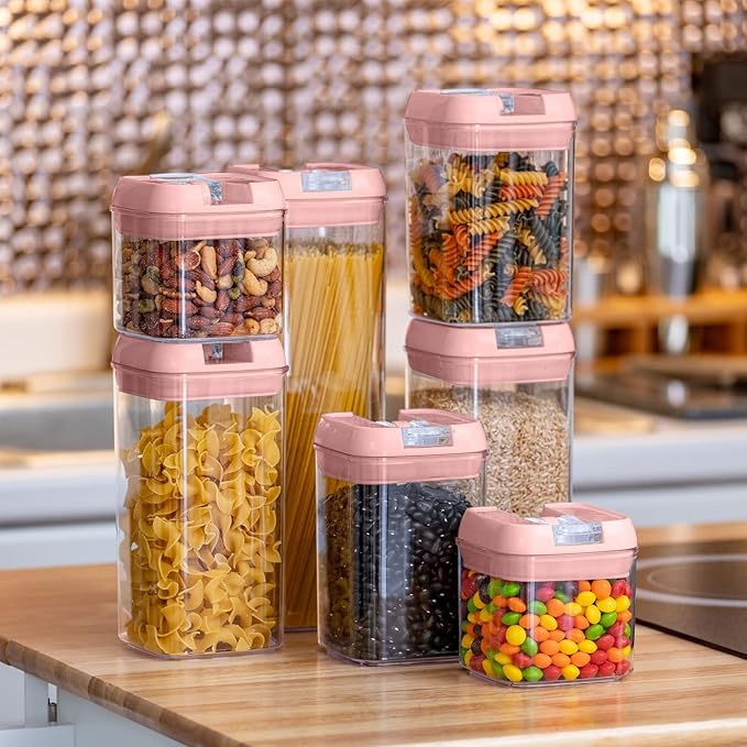 Set of 7 Airtight Food Storage Containers - Pantry Organizer Bins, BPA Free Plastic Containers plus Dry Erase Marker and Labels, Pink
