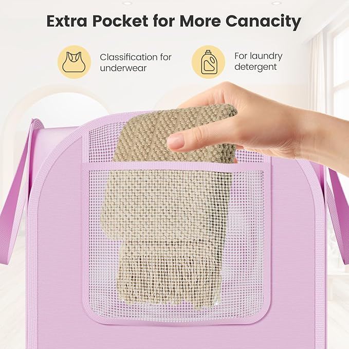 Polyester Strong Mesh Pop-up Laundry Hamper, Quality Pop Up Hampers for Laundry with Durable Handles Solid Bottom High Carbon Steel Frame, Easy to Open and Fold Flat for Storage(Light Pink)