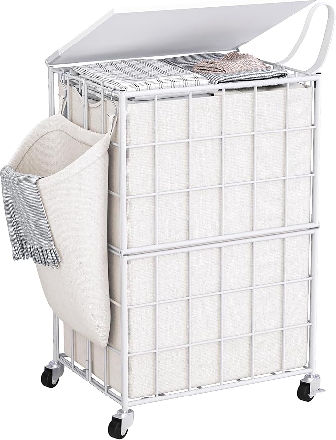 90L Laundry Basket with Wheels, Large Capacity Laundry Hamper with Removable Liner Bags, Heavy Duty Laundry Sorter with Solid Wood Lid & Leather Handles (White) TLH001W01